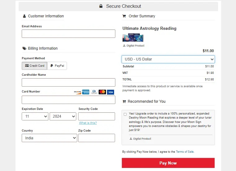 The MoonReading Checkout Page